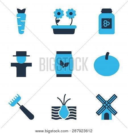 Garden Icons Colored Set With Pitchfork, Carrot, Plant Seed And Other Bugaboo Elements. Isolated  Il