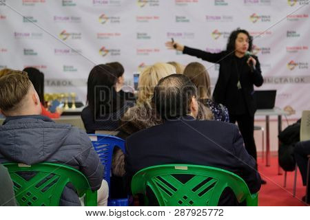 Moscow, Russia - March, 2, 2019: image of people sitting at a conference