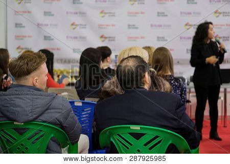 Moscow, Russia - March, 2, 2019: image of people sitting at a conference