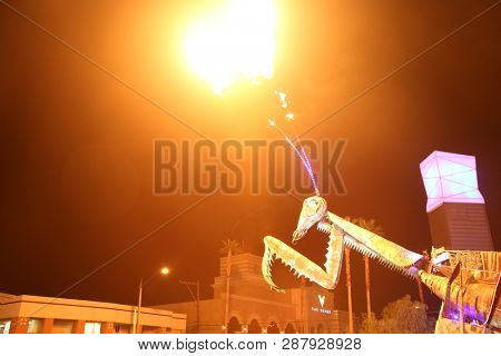 2/25/2019 Las Vegas, Nevada: Fire Breathing Music Playing Dancing Praying Mantis Sculpture on Freemont Street in Las Vegas Nevada. 