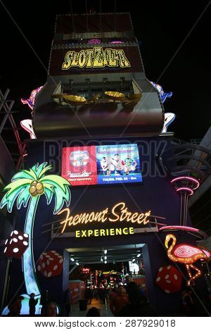 2/25/2019 Las Vegas, Nevada: Freemont Street Experience, including Neon Signs, Casinos, Zip Lines, Gambling, Slot Machines, Card Games, Tourist, Entertainers, and more. Las Vegas Nevada Night Life. 