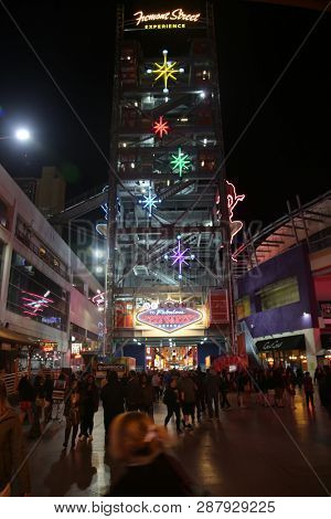 2/25/2019 Las Vegas, Nevada: Freemont Street Experience, including Neon Signs, Casinos, Zip Lines, Gambling, Slot Machines, Card Games, Tourist, Entertainers, and more. Las Vegas Nevada Night Life. 