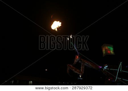 2/25/2019 Las Vegas, Nevada: Fire Breathing Music Playing Dancing Praying Mantis Sculpture on Freemont Street in Las Vegas Nevada. 
