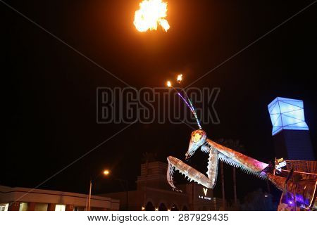 2/25/2019 Las Vegas, Nevada: Fire Breathing Music Playing Dancing Praying Mantis Sculpture on Freemont Street in Las Vegas Nevada. 
