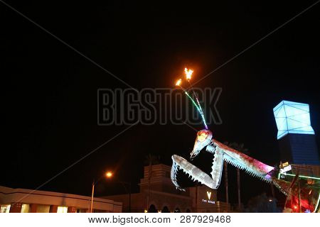 2/25/2019 Las Vegas, Nevada: Fire Breathing Music Playing Dancing Praying Mantis Sculpture on Freemont Street in Las Vegas Nevada. 
