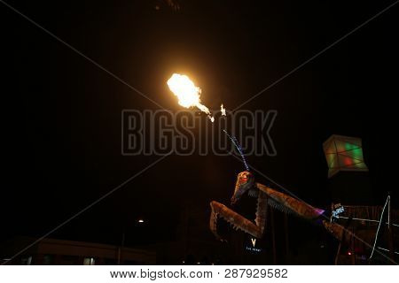 2/25/2019 Las Vegas, Nevada: Fire Breathing Music Playing Dancing Praying Mantis Sculpture on Freemont Street in Las Vegas Nevada. 
