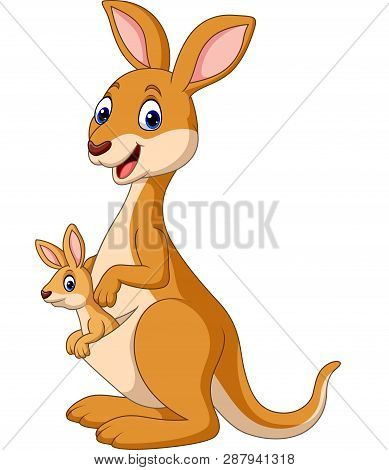 Vector Illustration Of Cartoon Happy Kangaroos With Baby Joey