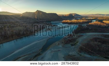 Aerial View On Siberian River Abakan Ib Khakasia.