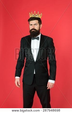Egoist. Businessman In Tailored Tuxedo And Crown. Bearded Man Egoist In Tuxedo And Bow Tie. Big Boss
