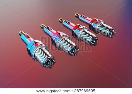 Spare Parts Spark Plugs On Multicolored Background For Car And Motorcycle. New Auto Parts Spark Plug