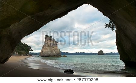 Afternoon View Of Cathedral Cove In Nz