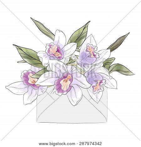 Flower Letter With Watercolor Orchids. Vector Elegant Hand Drawn Invitation.  Summer Blossom Luxury 