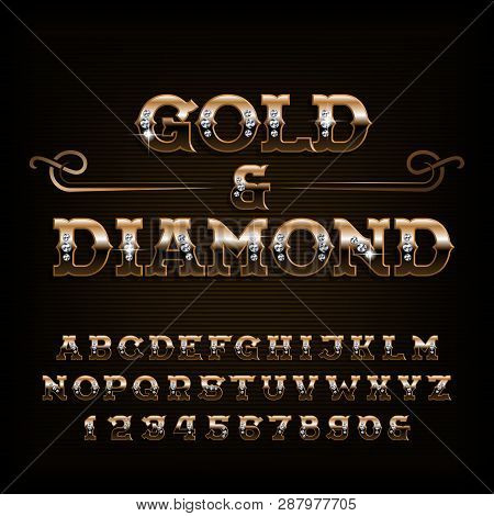 Gold & Diamond Alphabet Font. Ornate Golden Letters And Numbers With Diamond Gemstone. Stock Vector 