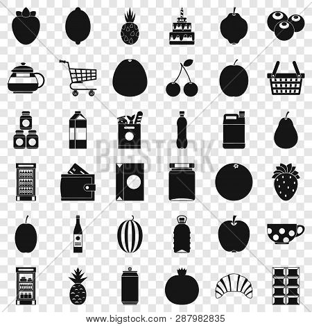 Fruit And Drink Icons Set. Simple Style Of 36 Fruit And Drink Vector Icons For Web For Any Design