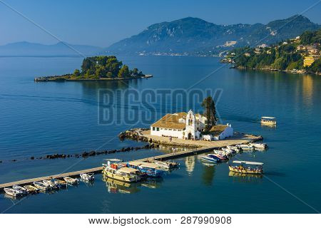Corfu Greece Vlachernon Vlacherna Church Kanoni Island Traveling Sea Boats