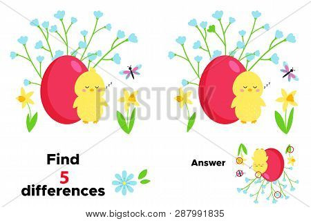 Cute Cartoon Kawaii Chick With Easter Egg. Educational Game For Children. Find 5 Differences. Spring
