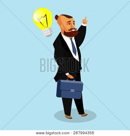 Businessman With Idea Bulb Vector Illustration. Successful, Wealthy Cartoon Character. Man In Suit W
