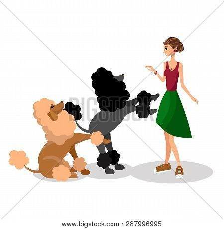 Young Girl Playing With Poodles Flat Illustration. Woman With Trick Dogs. Animal Tamer, Trainer, Own
