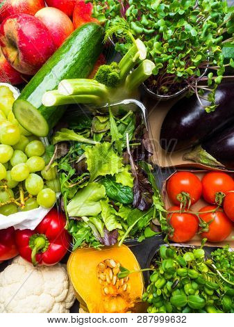 Arrangement Of Different Colorful Tasty Vegetables Fruits Background. Horizontal. Healthy Food Conce
