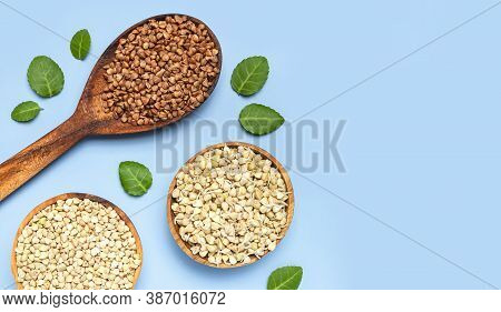Green Buckwheat, Sprouted Buckwheat In Wooden Bowls Brown Buckwheat Grains In Wooden Spoon With Gree