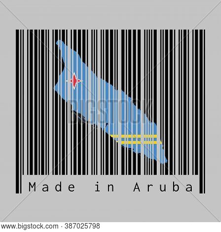 Barcode Set The Shape To Aruba Map Outline And The Color Of Aruba Flag On Black Barcode With Grey Ba