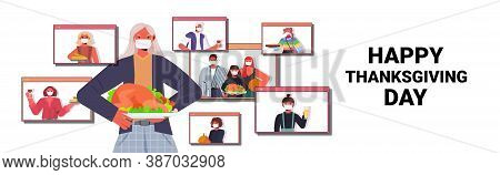 Grandmother Discussing With Family During Video Call People Celebrating Happy Thanksgiving Day Onlin