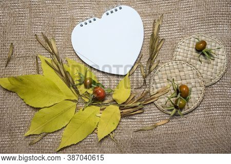 Blank Yellow Frame, Red Maple Leaves And Seeds On Brown Sackcloth Background. Top View Flat Lay Autu