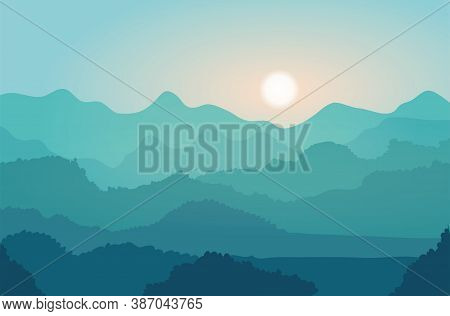 Landscape With Blue Mountains. Sunrise Over The Hills