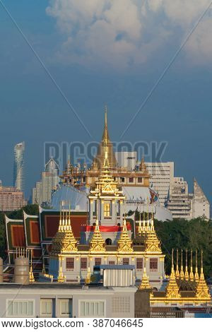 Loha Prasat Wat Ratchanatda And Golden Mountain Pagoda, A Buddhist Temple Or Wat Saket With Skyscrap
