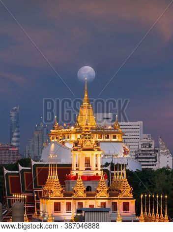 Loha Prasat Wat Ratchanatda And Golden Mountain Pagoda, A Buddhist Temple Or Wat Saket And The Moon 