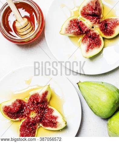 Sweet Fresh Green Figs With Honey, Summer Dessert, Gray Stone Background, Top View