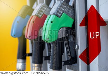 Fuel Pumps At A Gas Station. Fuel Price Up Concept.