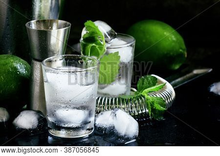 Making Cocktails, Bar Tools, Ice And Alcohol, Selective Focus