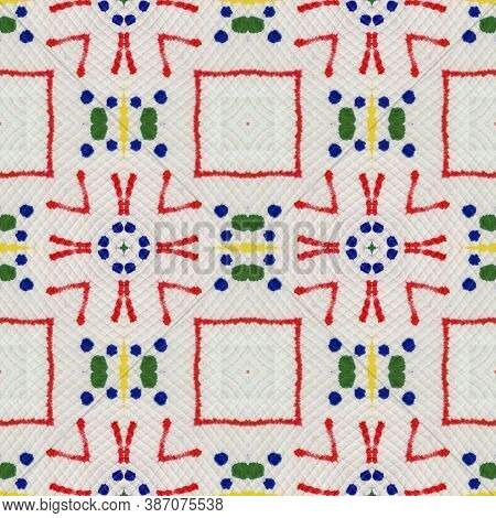 Boho Fabric. Green, Red, Yellow, Blue Seamless Texture. Repeat Tie Dye Ornament. Ikat Indonesian Mot