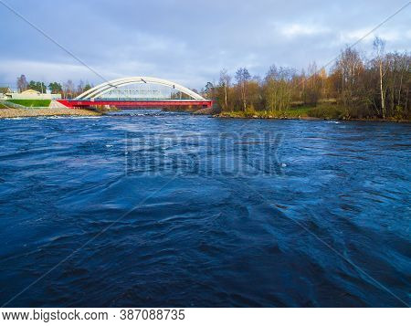 Drone View Of The Vuoksi River Closeup And The Vuoksi River Bridge In Autumn Day, Losevo, Leningrad 