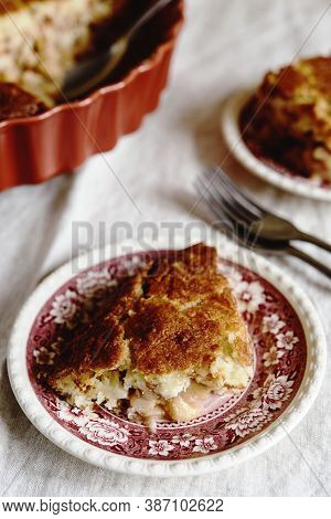 Apple And Cheese Cobbler Crisp. Cobbler Or Crumble Dessert With Apples In Ceramic Baking Form On Bei