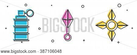 Set Hand Grenade, Japanese Ninja Shuriken And Japanese Ninja Shuriken Icon. Vector