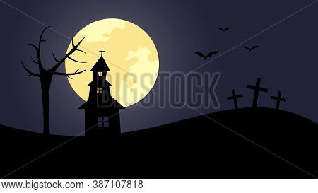Dark Silhoutte Of Abandoned Church With Tree And Crosses At Moony Night