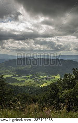 View From Ridge Of Poloniny National Park In Summer Cloudy Blue Sky Day