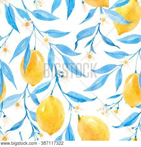 Beautiful Vector Seamless Pattern With Hand Drawn Watercolor Lemons And Blue Leaves. Stock Illustrat