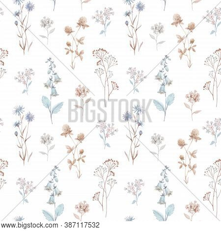 Beautiful Vector Seamless Floral Pattern With Watercolor Autumn Fall Flowers. Stock Illustration.