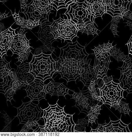 Vector Ilustration Seamless Pattern With White Spider Web On Black Background