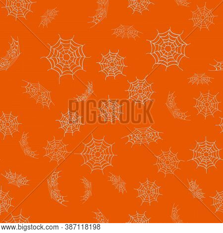Vector Ilustration Seamless Pattern With White Spider Web On Orange Background