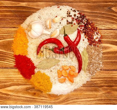 Set of vegetable paella, pilaf, risoto, porridge, on a wooden background, top view. Ecological food. Vegetarianism. keto diet