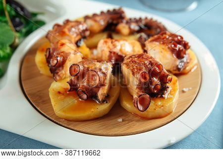 Closeup On Spanish National Dish Octopus In Galician