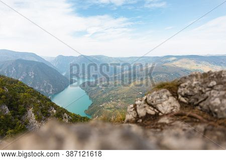 Tara National Park, Serbia. Viewpoint Banjska Stena. View At Drina River Canyon And Lake Perucac Wit