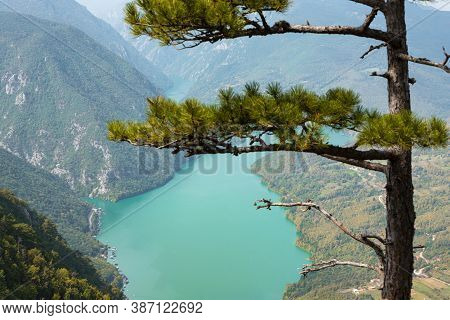 Tara National Park, Serbia. Viewpoint Banjska Stena. View At Drina River Canyon And Lake Perucac Wit