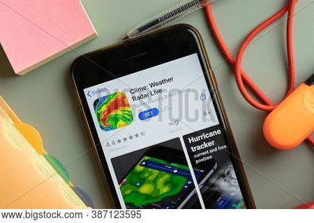 New York, Usa - 27 September 2020: Clime Weather Radar Live Mobile App Logo On Phone Screen Close Up