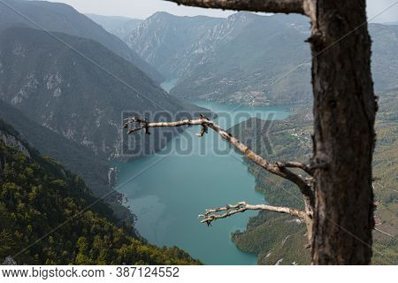 Tara National Park, Serbia. Viewpoint Banjska Stena. View At Drina River Canyon And Lake Perucac Wit