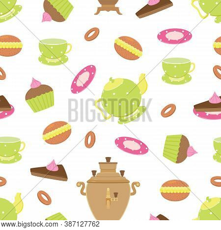 Vector Seamless Pattern With Funny Objects Tea Pot, Samovar, Cups And Sweats For Holiday Tea Drinkin